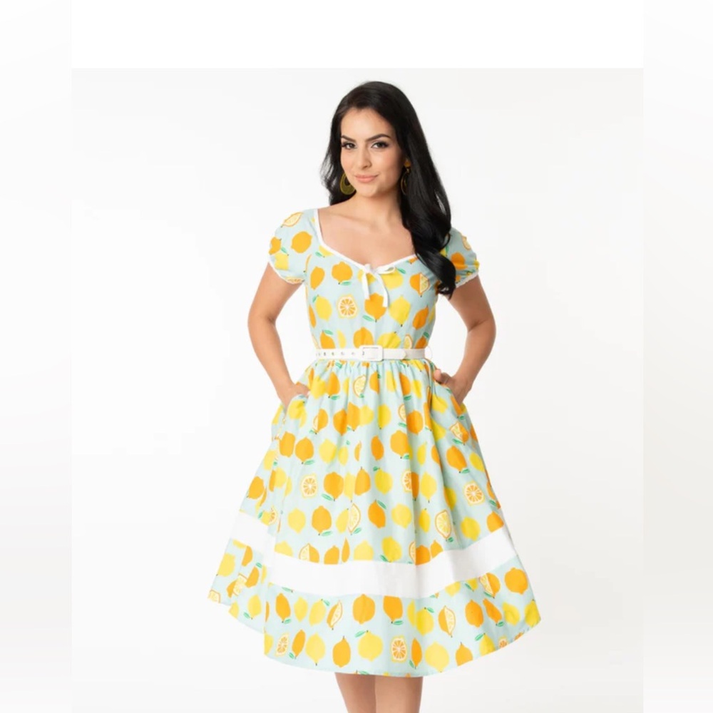 Unique Vintage Lemon & Orange Print Hannah Swing Dress - L/10-12